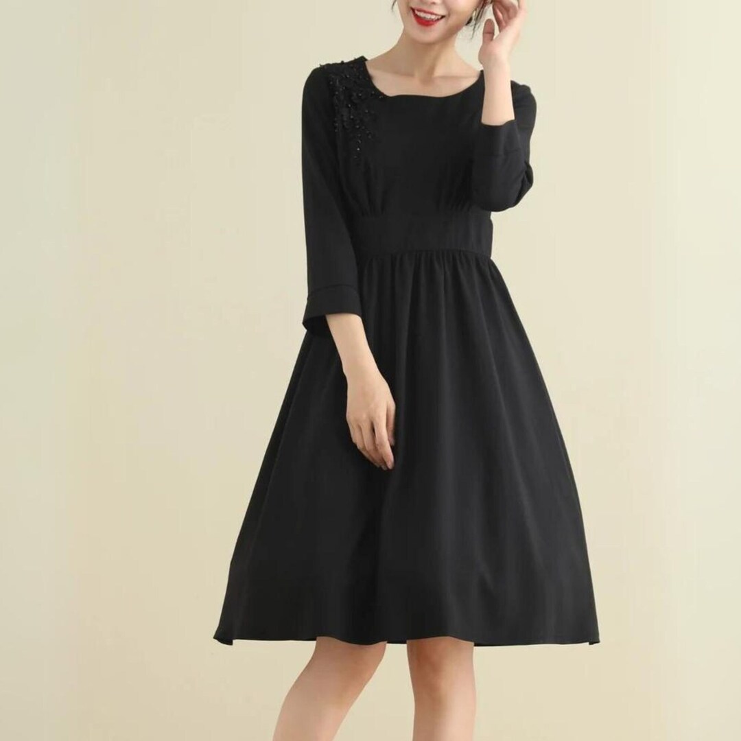 Abito in lino nero, abiti da donna, abito midi, abito svasato