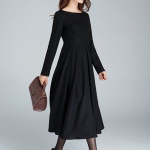 Black Winter Midi Wool Dress, Boat Neck Pleated Dress, Long Sleeve Dress with Pockets, Fitted and Flare Dress, Retro Day Dress 1622 image 5