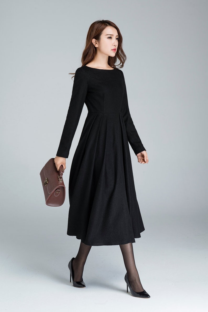 Black Winter Midi Wool Dress, Boat Neck Pleated Dress, Long Sleeve Dress with Pockets, Fitted and Flare Dress, Retro Day Dress 1622 image 5