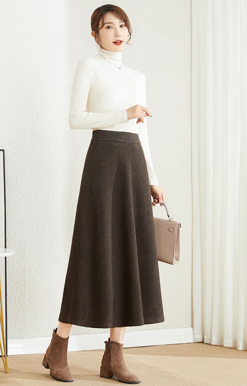 A-Line wool skirt, Beige wool skirt, Long wool skirt, Women's wool skirt with pockets, Casual skirt, Autumn winter outfits, Xiaolizi 3861 3-Brown