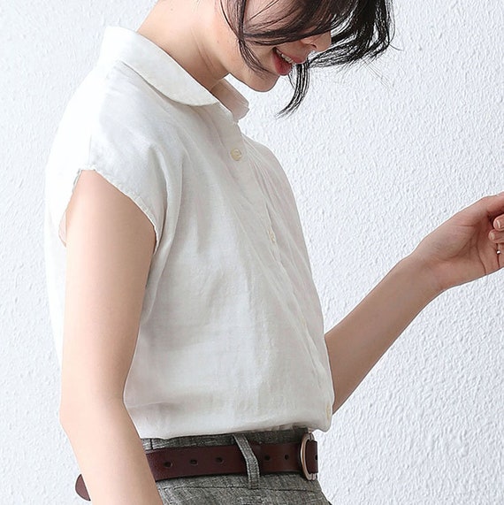 White Linen Shirt, Short Sleeve Button Down Shirt Women, Womens