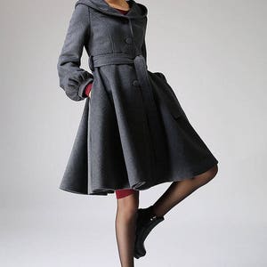 Long sleeve Hooded swing coat, winter wool coat, hooded wool coat, gray coat, A-Line Shape coat, midi length coat with lantern sleeves 1073 image 5