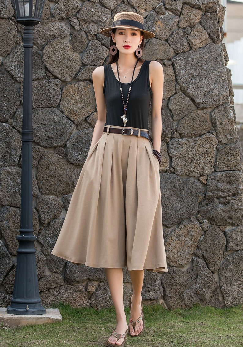 Pleated swing midi skirt, Midi Linen Skirt, Swing Linen Skirt With Pockets, Womens Skirt, A Line skirt, Xiaolizi, Handmade skirt 2882 image 1