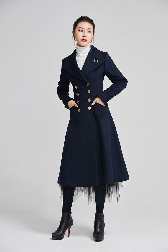 Navy Wool Coat Double-breasted Wool 