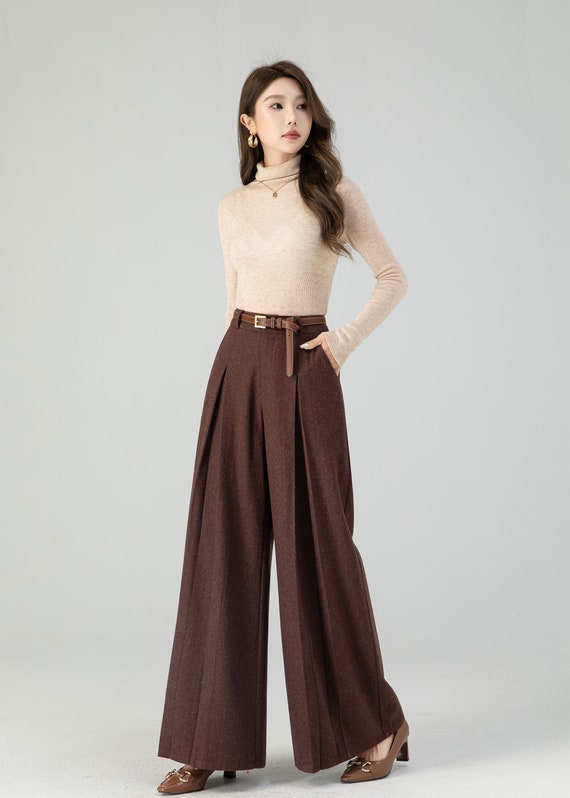 Handmade Brown Wide Leg Wool Pants for Women 4554 Handmade Brown Wide Leg Wool Pants for Women 4554