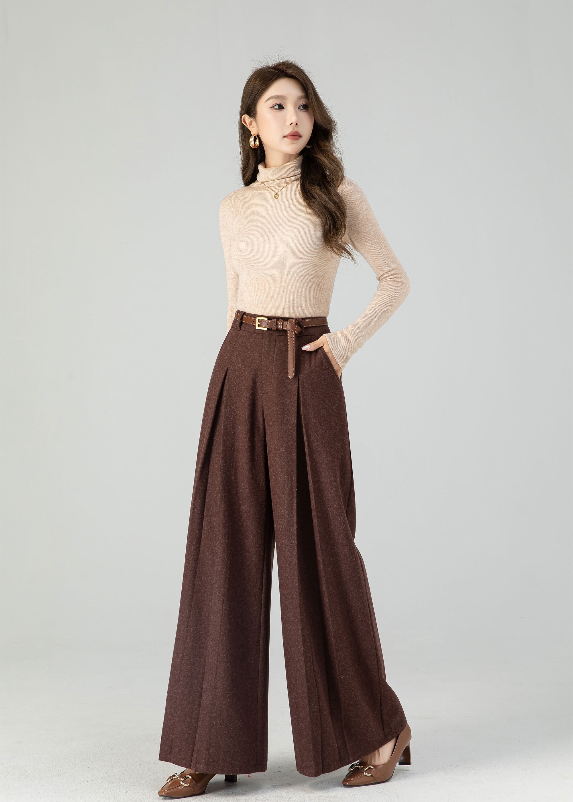 Handmade Brown Wide Leg Wool Pants for Women 4554 Handmade Brown Wide Leg Wool Pants for Women 4554