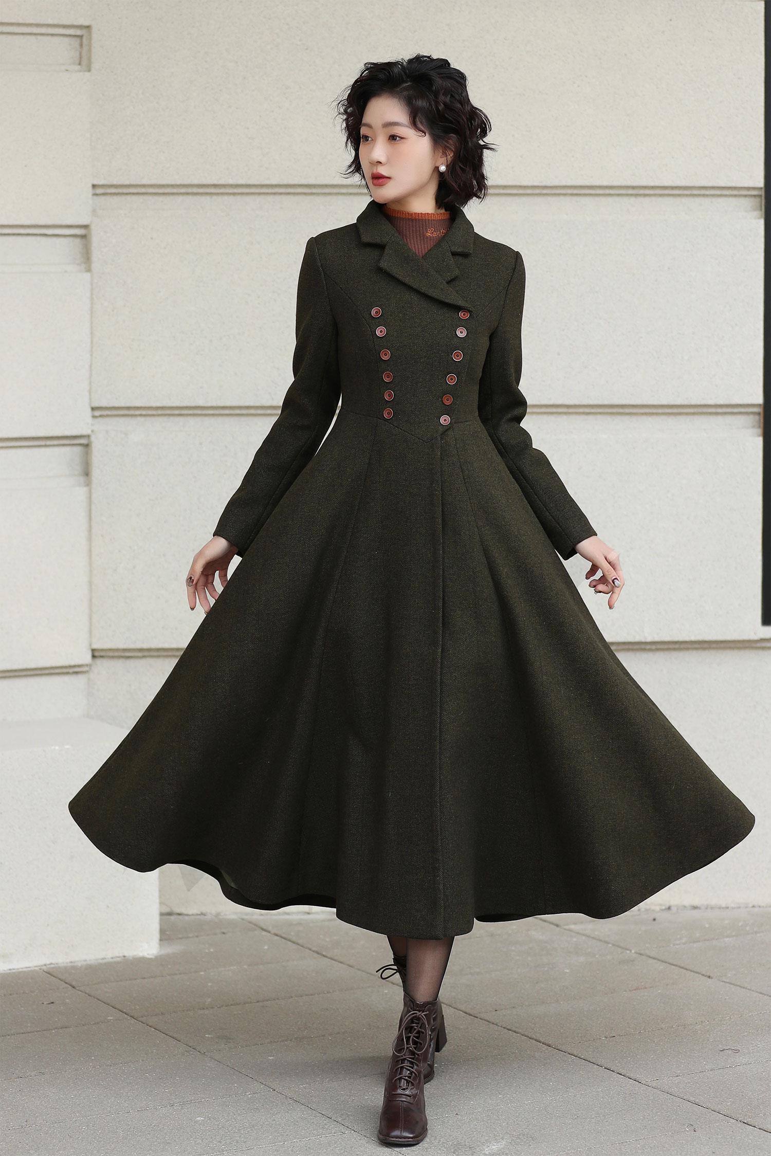 Olive Green Wool Blend Midi Coat: Double Breasted A-line Swing