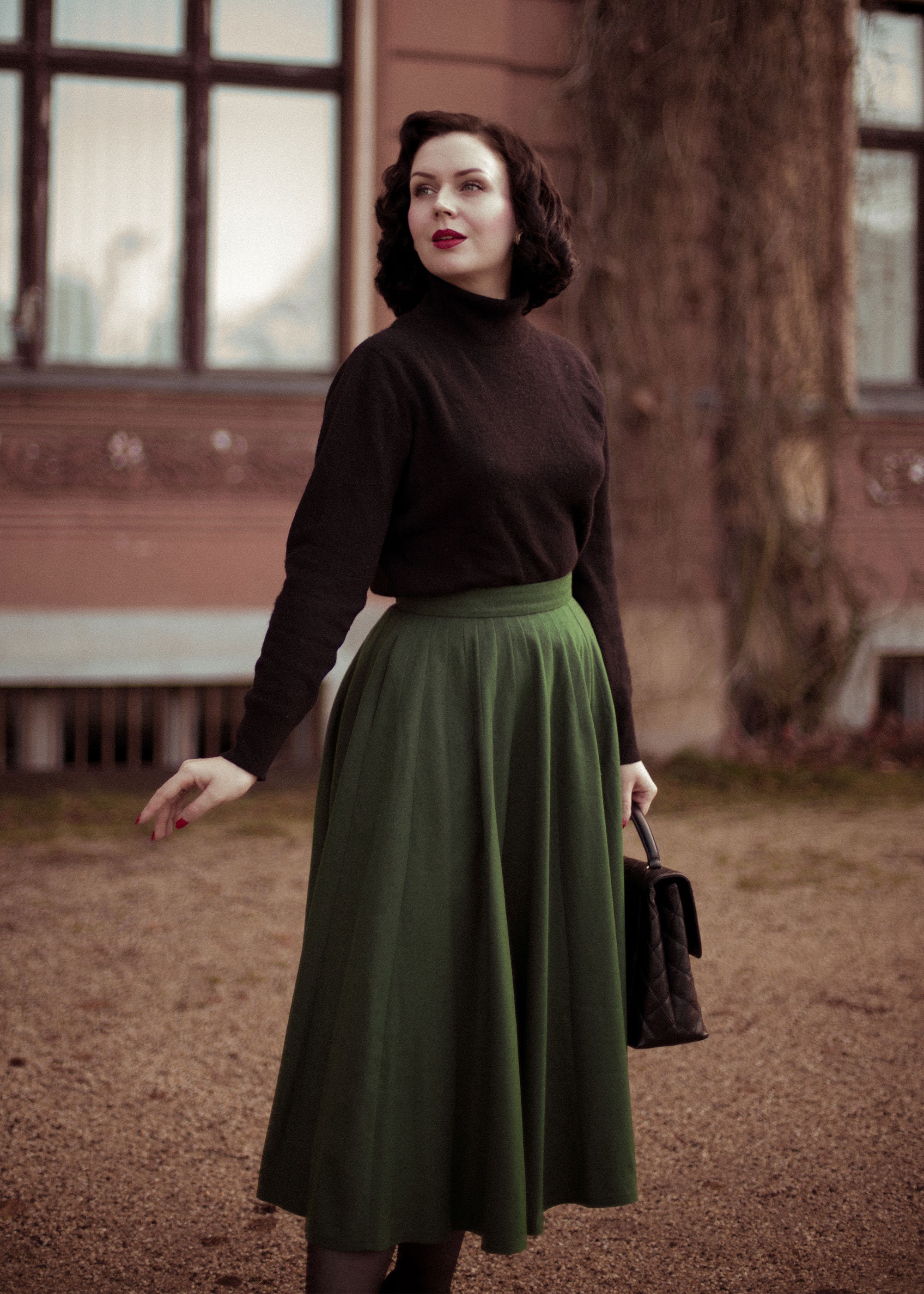 ◆Loulouseoul◆ Joy Wool Check Midi Skirt Green Wool Skirt, Green Midi Wool Skirt, Circle Skirt, Inspired