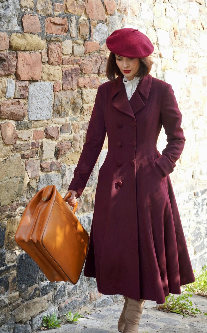 Wool Coat, Wine Red Wool Princess Coat, 1940s wool coat, Long Wool Coat, Winter Coat women, Wool Coat Women, Warm Wool Coat, Xiaolizi 3864 image 5