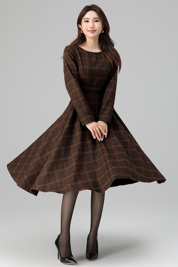 Brown Plaid Wool Midi Dress Handmade Long Sleeve | Xiaolizi 6391 Plaid / XS Brown Plaid Wool Midi Dress Handmade Long Sleeve | Xiaolizi 6391 Plaid / XS