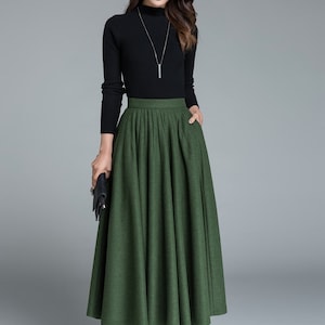 50s Green Long Wool Skirt, Wool Circle Skirt, Vintage Inspired Pleated Long Skirt, High Waist Skirt, Swing Skirt, Autumn Winter skirt 1641 image 3