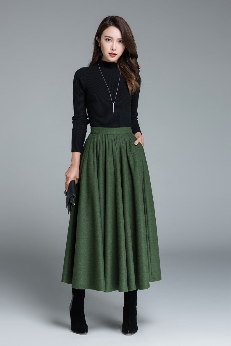 50s Green Long Wool Skirt, Wool Circle Skirt, Vintage Inspired Pleated Long Skirt, High Waist Skirt, Swing Skirt, Autumn Winter skirt 1641 image 3