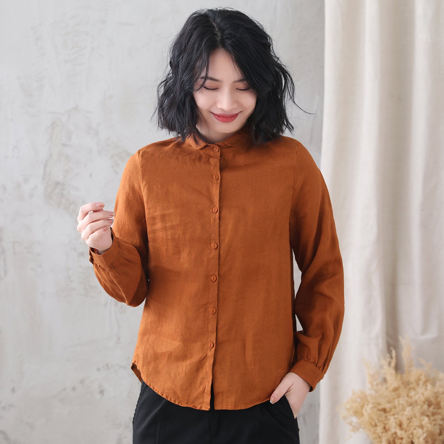 Caramel Linen Shirt, Peter Pan Collar, Long Sleeve, Plus Size