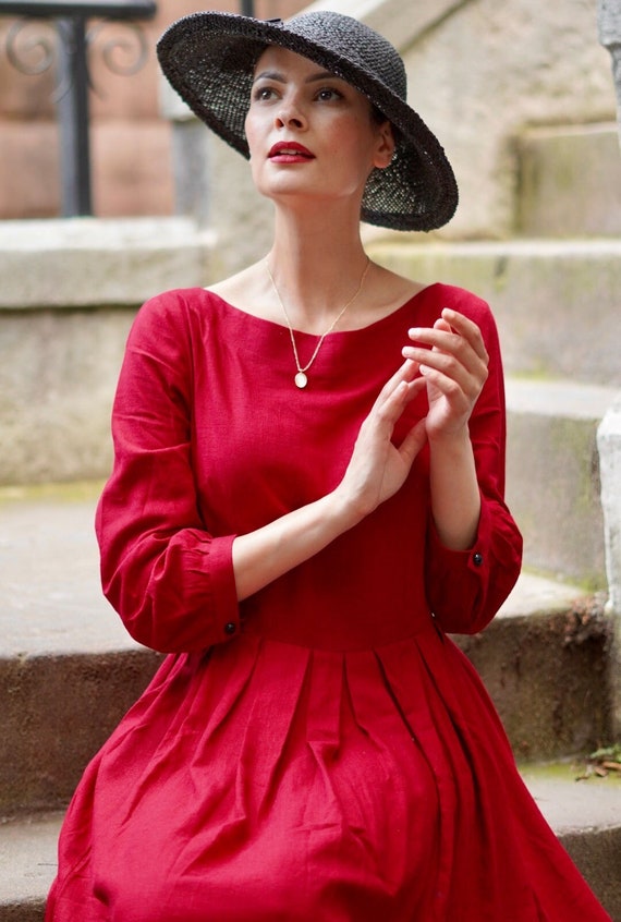 Womens A Line Red Maxi Linen Dress 3742 Womens A Line Red Maxi Linen Dress 3742