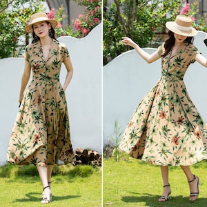 Floral Linen Shirt Dress, Linen Shirt Dress, Midi Linen Dress, Swing Long Dress, Womens Summer Dress, Custom Dress, Xiaolizi 4403
