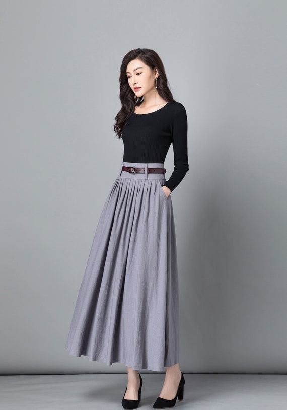 Gray Linen Skirt, Maxi Skirt With Pockets, A Line Long Skirt