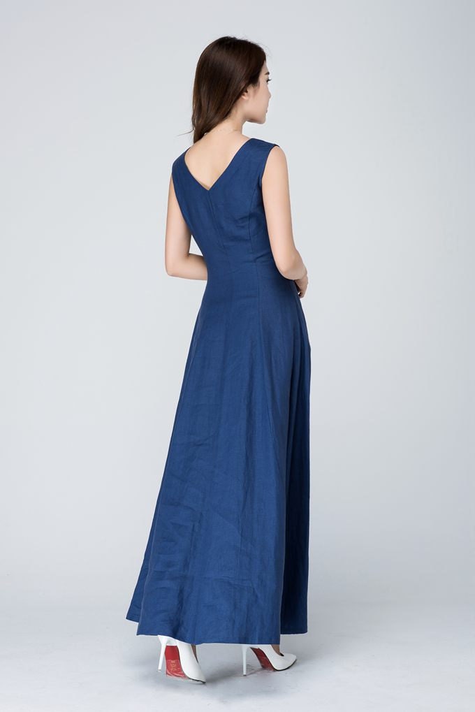 Linen Maxi Dress, Sleeveless Blue Tank Dress, Summer A-Line, Custom, Xiaolizi 1571#