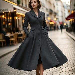 Gray Wool Blend A-Line Coat: Long Tailored Winter Overcoat, Custom, Xiaolizi 6571