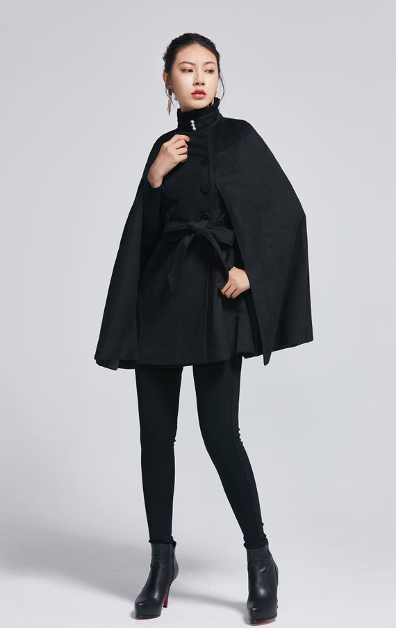 Black wool cape coat with self tie belt 2278 Black wool cape coat with self tie belt 2278