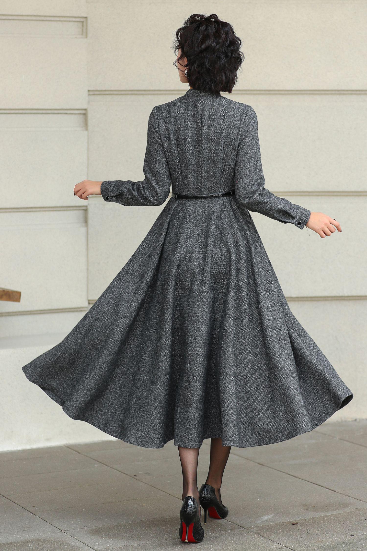 Wool A-line Midi Dress: Gray Belted Vintage Style, Custom