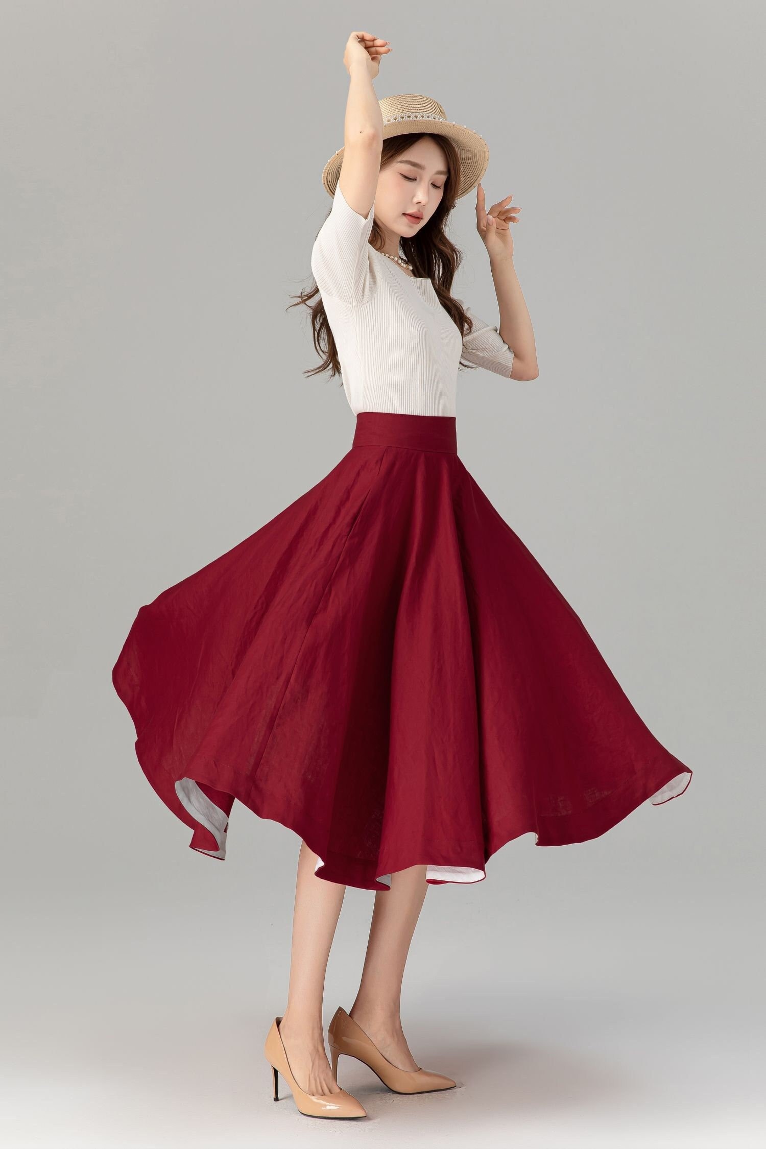 A line burgundy summer swing linen skirt 4936 A line burgundy summer swing linen skirt 4936