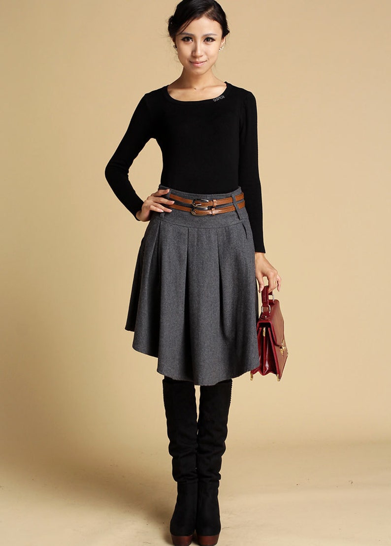 Winter Asymmetrical Wool Skirt Women, Pleated Wool Midi Skirt, Skater Skirt with pocket, Wool Circle skirt, Retro Grey Skirt XiaoLizi 0359 image 2