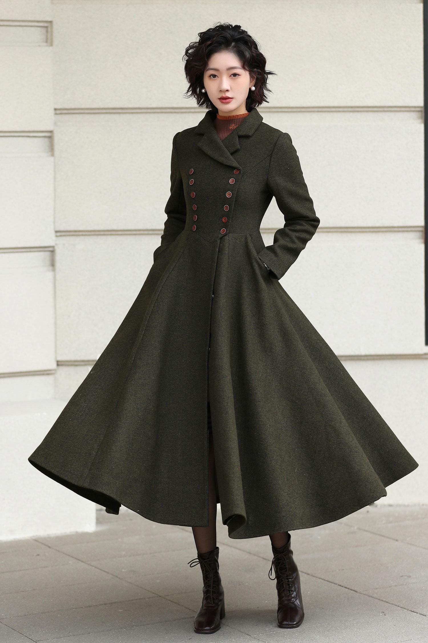Olive Green Wool Blend Midi Coat: Double Breasted A-line Swing