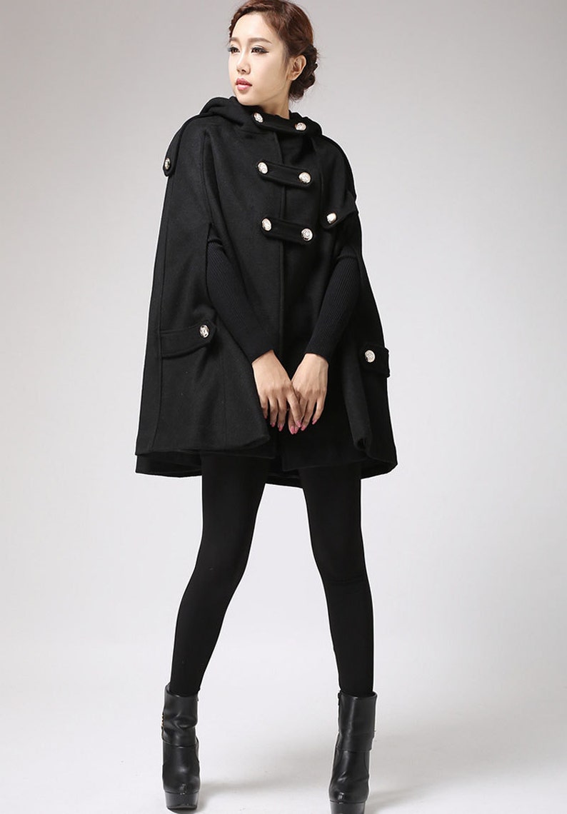 Black Wool Cape Coat Hooded Cape Coat Women Cape Military Etsy