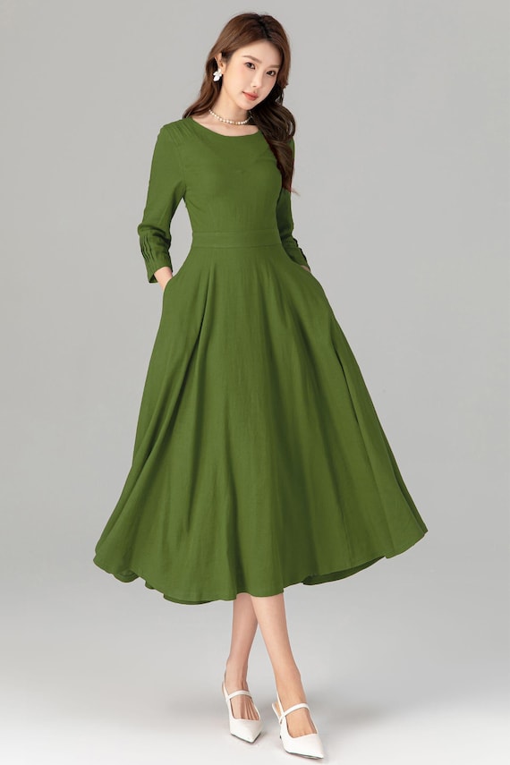 Women's Linen Dress, Green Linen Dress, Pleated Maxi Dress, Modest Dress with Pockets, Fit and Flare Linen Dress, Ladies Dresses 4910