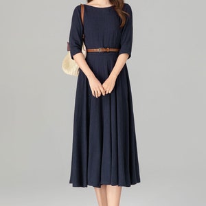 Linen dress, Midi linen dress, Linen swing dress, Blue linen skirt, Womens dress, Modest dress, Party dress, Custom dress, Xiaolizi 4906 image 8