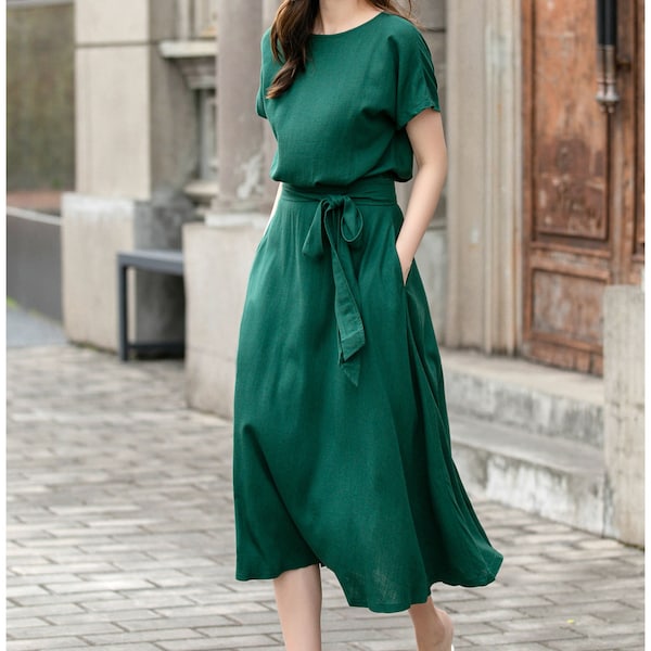 Belt Linen dress, Women's Green Linen Midi dress, A- Line dress, Modest Linen Dress with pockets, Summer dress, Custom dress, Xiaolizi 4272#