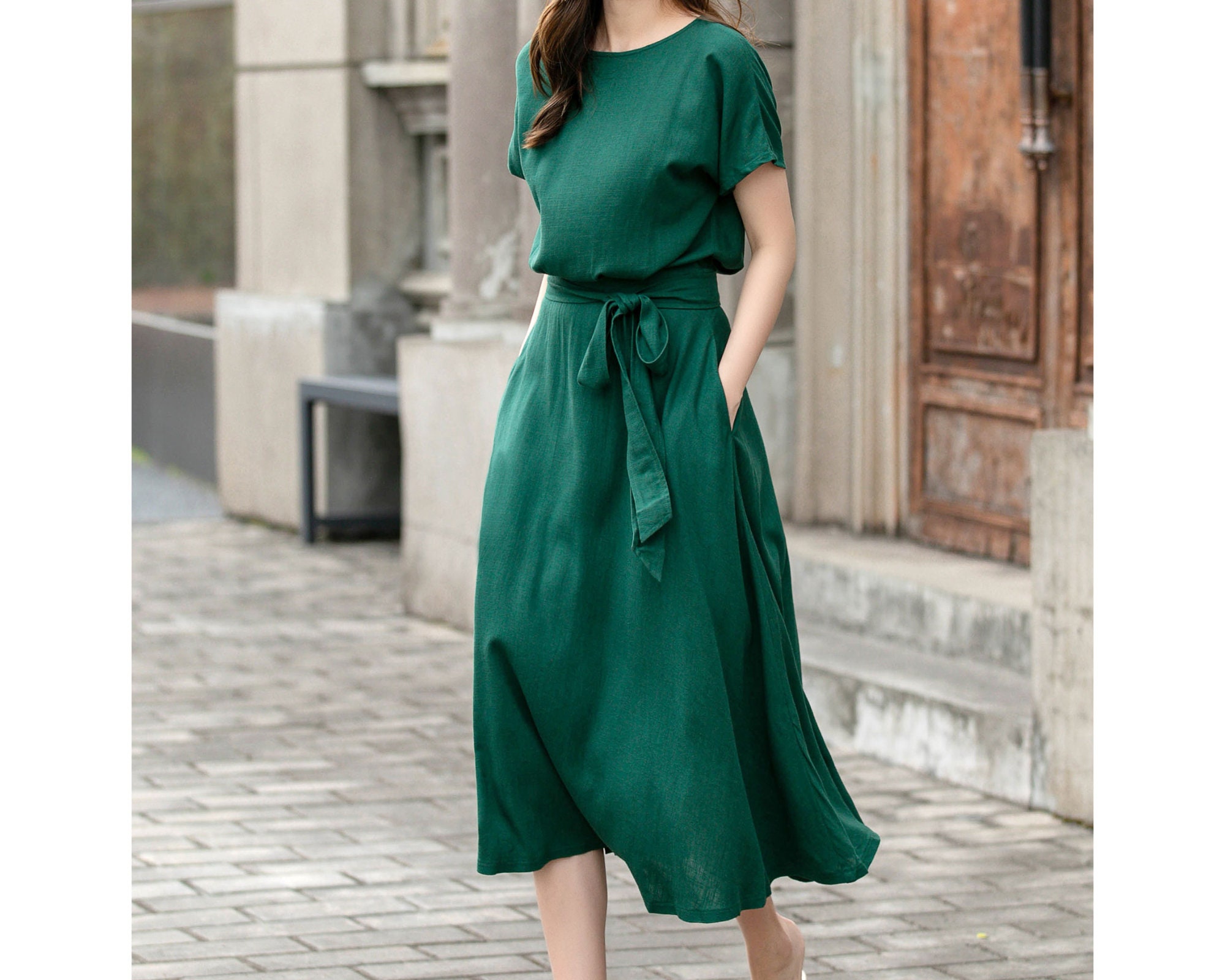 Belt Linen Dress, Women's Green Linen Midi Dress, A- Line