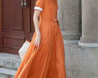 【Papier】Linnen gown/orange Orange Linen Dress, Linen Midi Shirt Dress, Fit and Flare