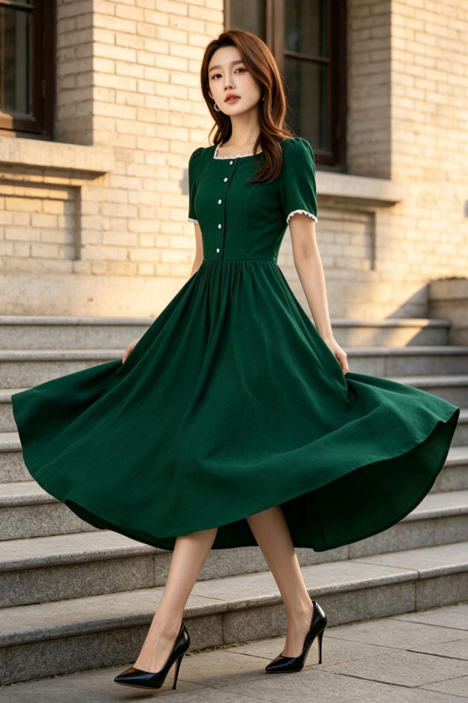 Green Linen Midi Dress: Square Neck Lace Trim Puff Sleeve