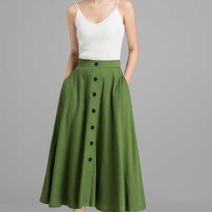 Button-Down Linen Midi skirt, A-Line swing skirt, Linen skirt, Green skirt, Women skirt, High waisted Skirt with pockets, Summer skirt 2368 1- Green-2368