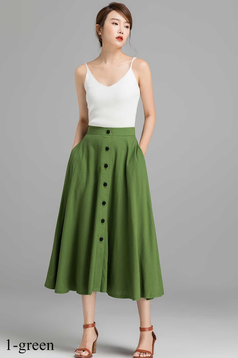 Button-Down Linen Midi skirt, A-Line swing skirt, Linen skirt, Green skirt, Women skirt, High waisted Skirt with pockets, Summer skirt 2368 1- Green-2368