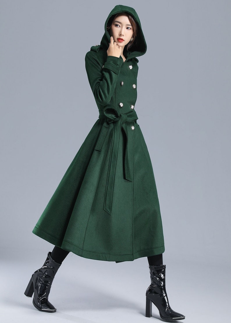 Damen Trenchcoat, Militärmantel Damen, Grüner langer Wollmantel mit Kapuze, Wintergürtel Swing Coat, doppelreihige Prinzessin Mantel 3212 Bild 3