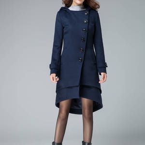 Asymmetrische jas, Hooded jas, wollen jas, winterjas vrouwen, minimalistische jas, marine jas, herfst winter bovenkleding, Handgemaakte jas 1842 afbeelding 3