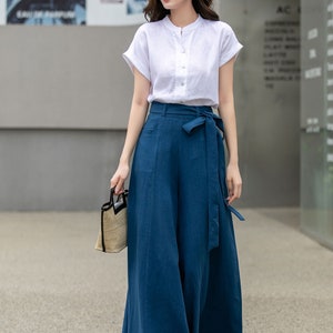 Womens Palazzo Belted Linen Pants, High Waisted Long Trousers, Blue Linen Pants, Women Wide Leg Pants, Custom Pants, Xiaolizi 4276 image 6