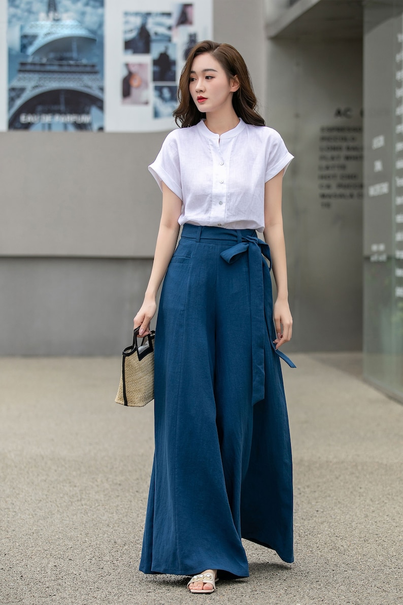 Womens Palazzo Belted Linen Pants, High Waisted Long Trousers, Blue Linen Pants, Women Wide Leg Pants, Custom Pants, Xiaolizi 4276 image 6