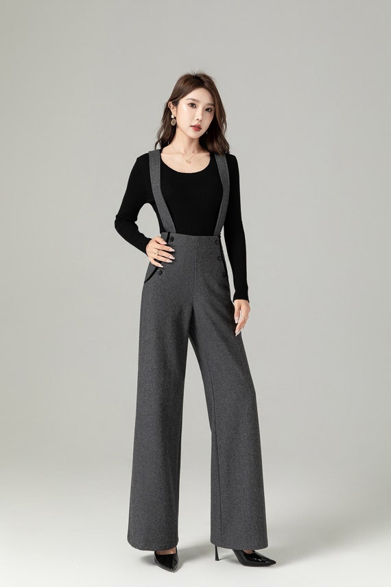 Gray Suspender Wool Pants Women, Autumn Winter Straight-leg Pants, High waist pants, Long Suspender Pants, Custom made Pants, Xiaolizi 4499# Gray Suspender Wool Pants Women, Autumn Winter Straight-leg Pants, High waist pants, Long Suspender Pants, Custom made Pants, Xiaolizi 4499#