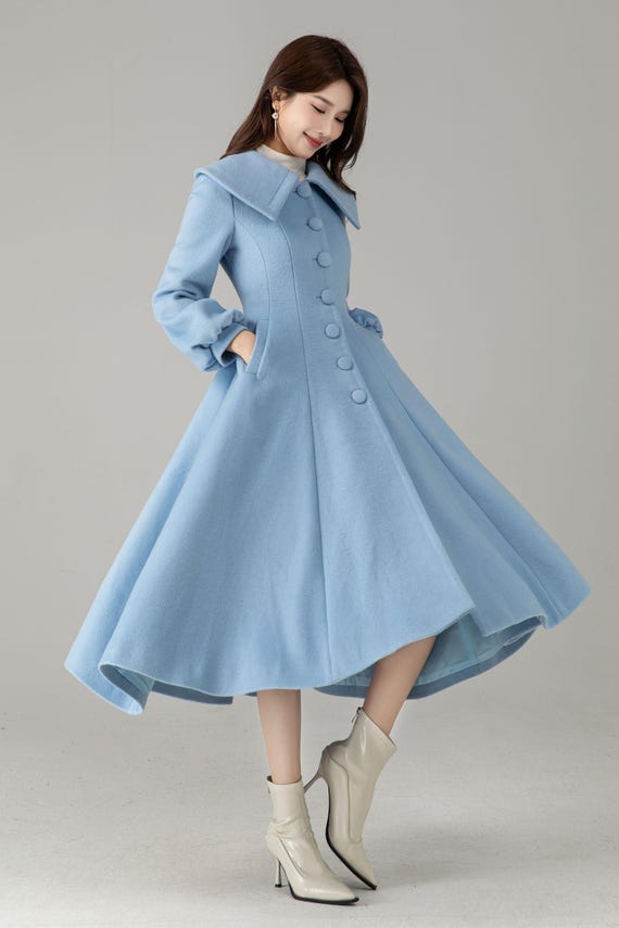 dress blue coat price Sky Wool Princess – Vintage Fit & Flare Swing Winter Coat Blue / Custom order SIZE:16P Spring Formal Collection upper and lower scalloped Gil Relaxed Short Sleeve