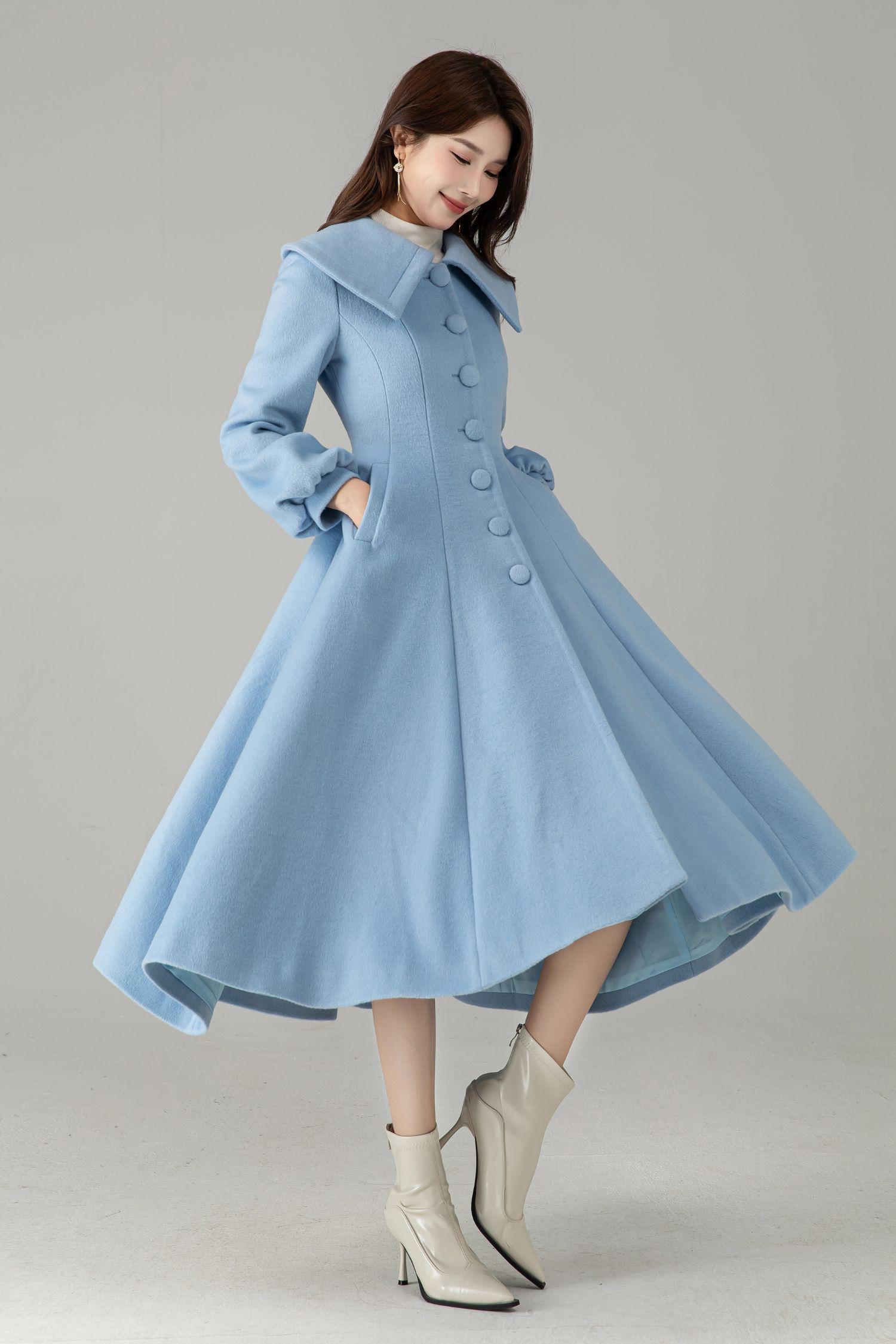 Light Blue Wool Princess Coat: Women's Handmade Swing Coat, Custom