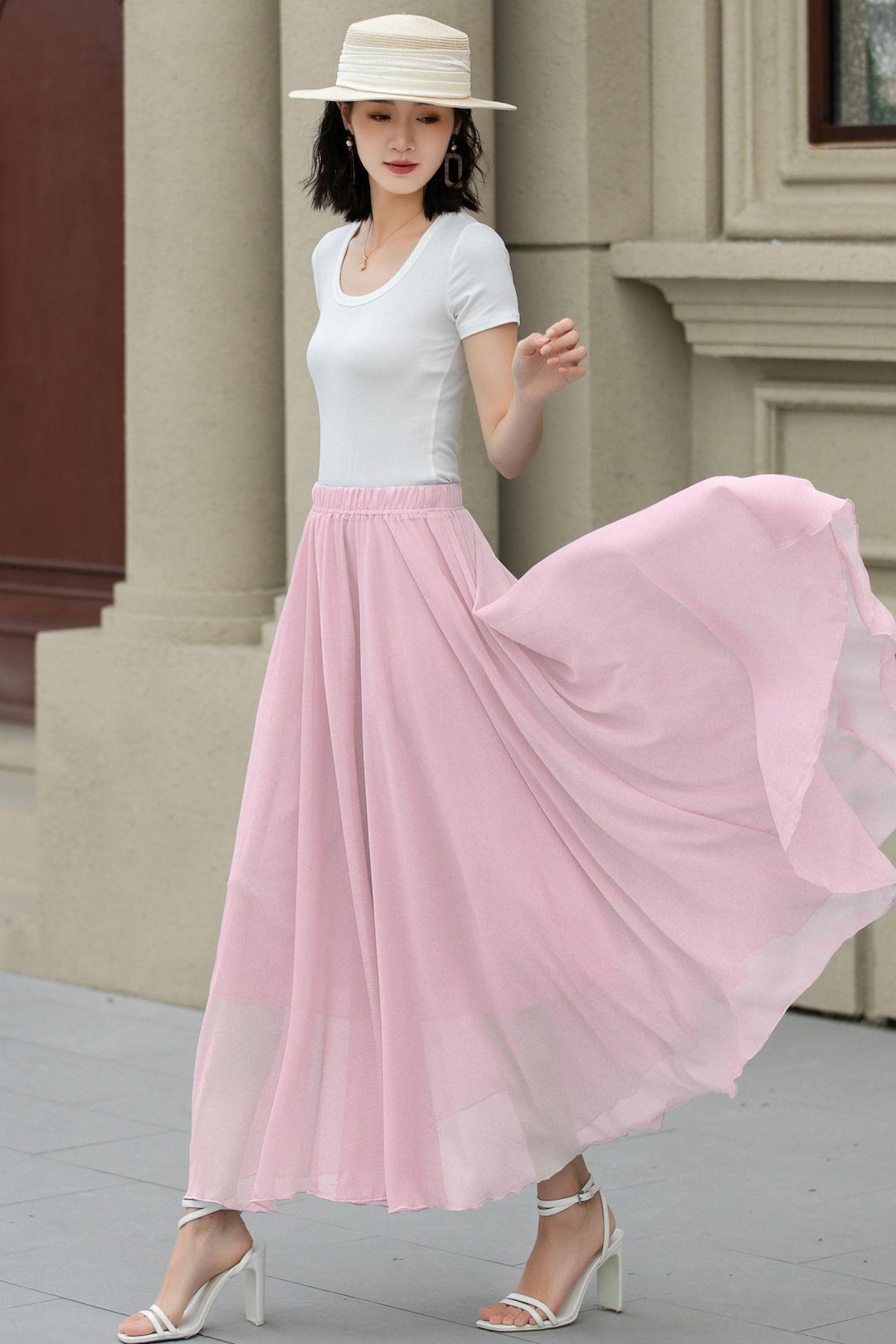 Circle Skirt Pleated Chiffon Maxi Skirts For Sale Summer Pink