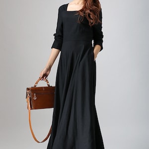 Linen dress, Long sleeve Linen Maxi dress with pockets, Women Linen dress, Black Linen dress, Spring autumn dress, Custom dress 0793 image 3