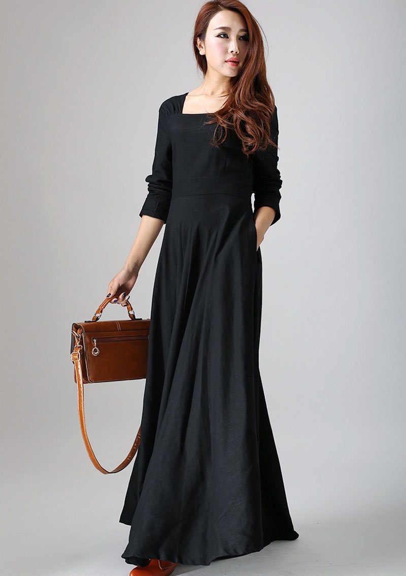 Long sleeve Linen Maxi dress with pocket Black dress Women | Etsy