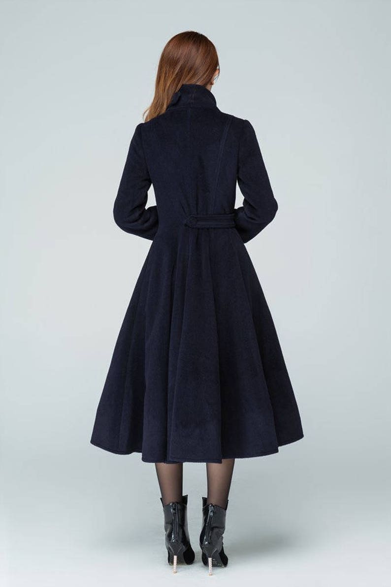 Navy blue coat, wool coat, warm winter coat, midi coat, womens coat, Fitted coat, double breasted coat, high collar, handmade coat 1600 image 4