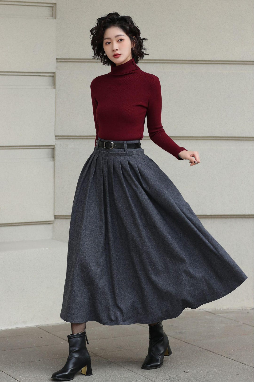 Handmade Gray Wool Blend Pleated Midi Skirt: Autumn Winter