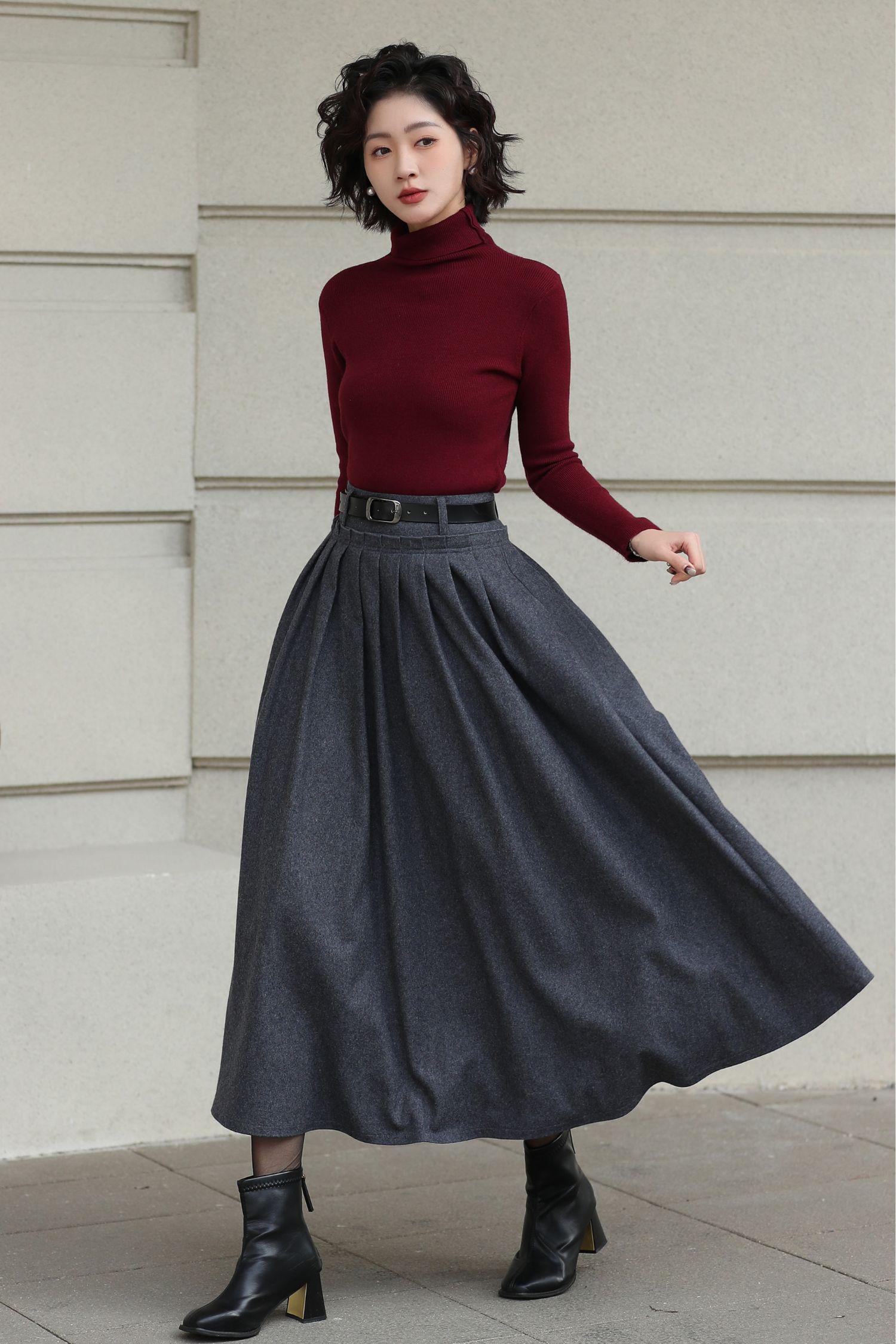 Handmade Gray Wool Blend Pleated Midi Skirt: Autumn Winter