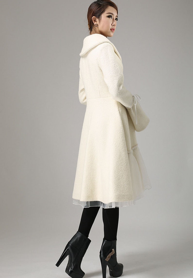 Swing White wool coat, winter wedding coat, wool coat for women, party coat, coat with lace, warm coat, dress wool coat, fashion coat 0725 image 5